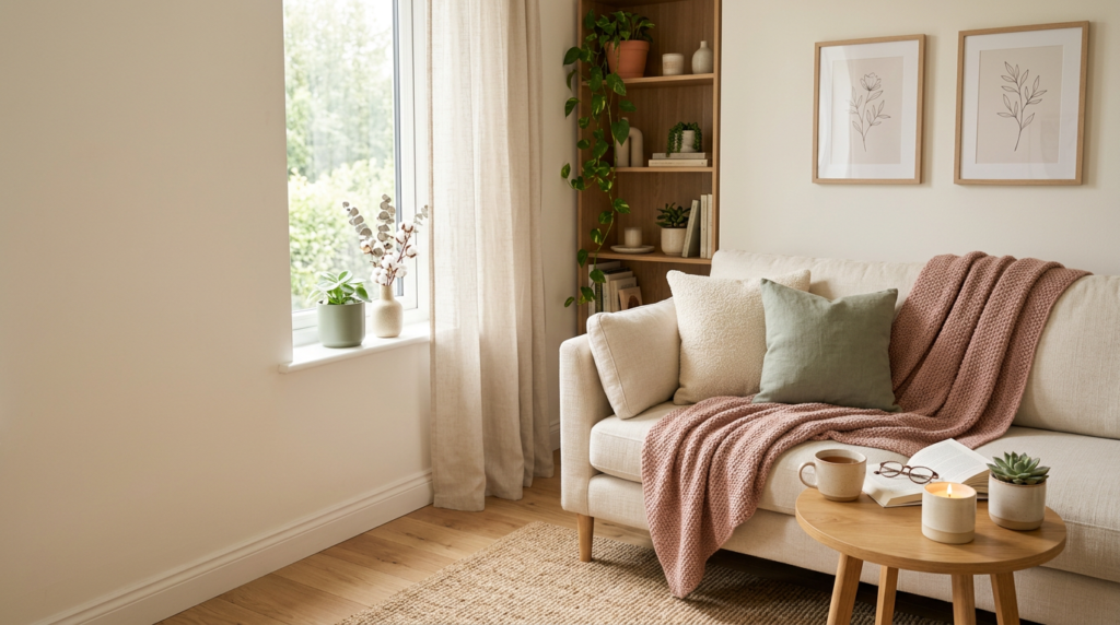 a cozy room with big window, sofa, pillows, small table and other home decorations